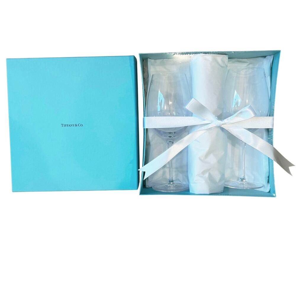 Tiffany & Co. Blue Gift Box with Clear Glassware and White Ribbon